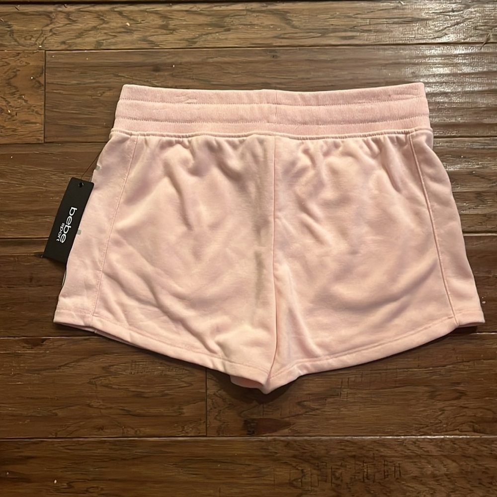 NWT Bebe Sport Shorts in Pink Parfait with Iridescent Side Logo Size M - Picture 4 of 5